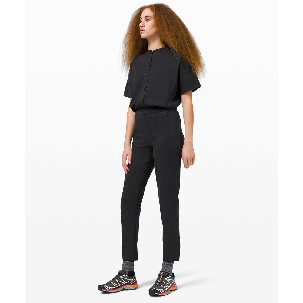 Lululemon Jumpsuit Women 10 Black Button‎ Front Short Sleeve Elastic Waist